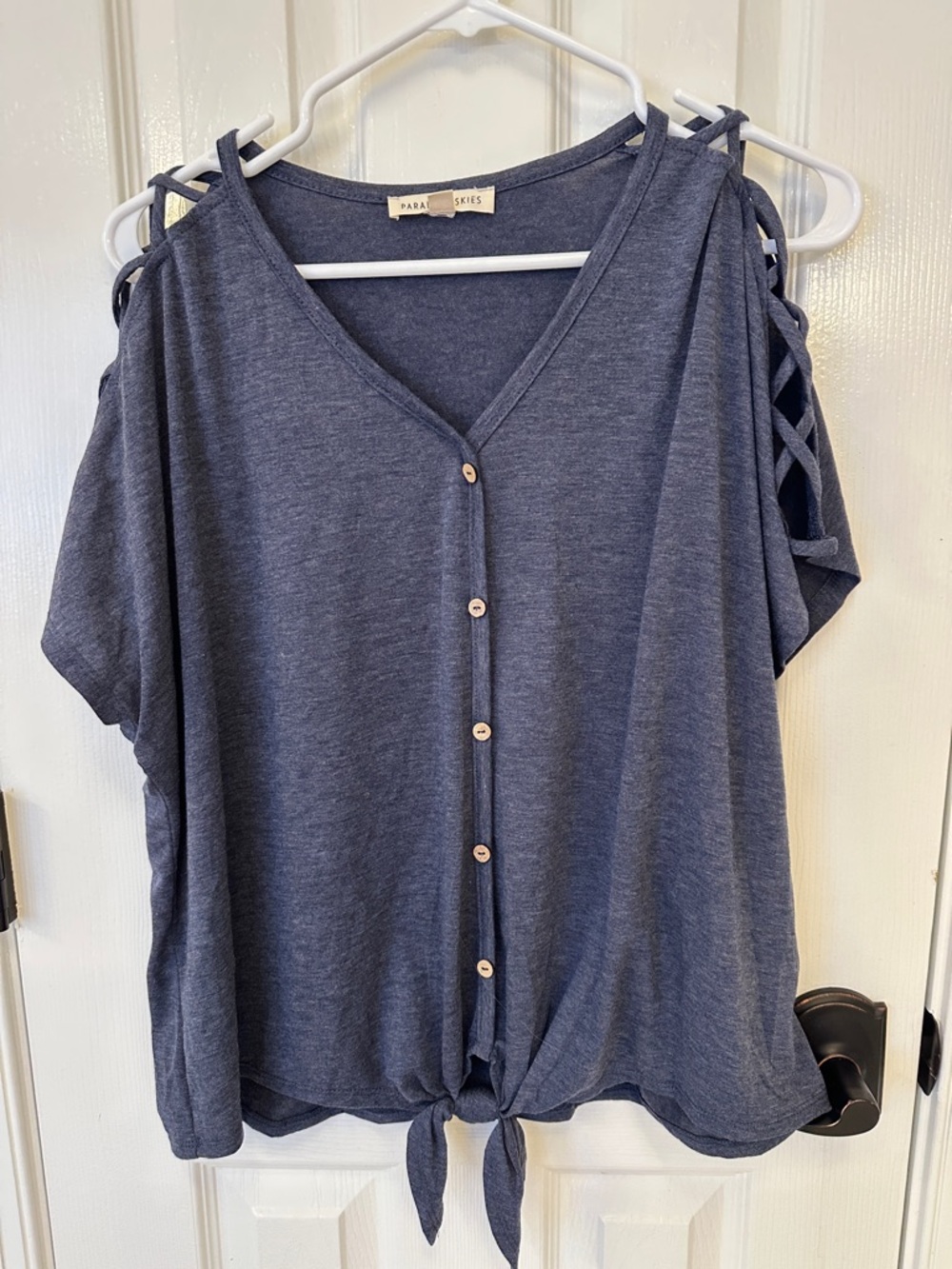 Cold-Shoulder Button-Front Tie-Hem Top - Blue